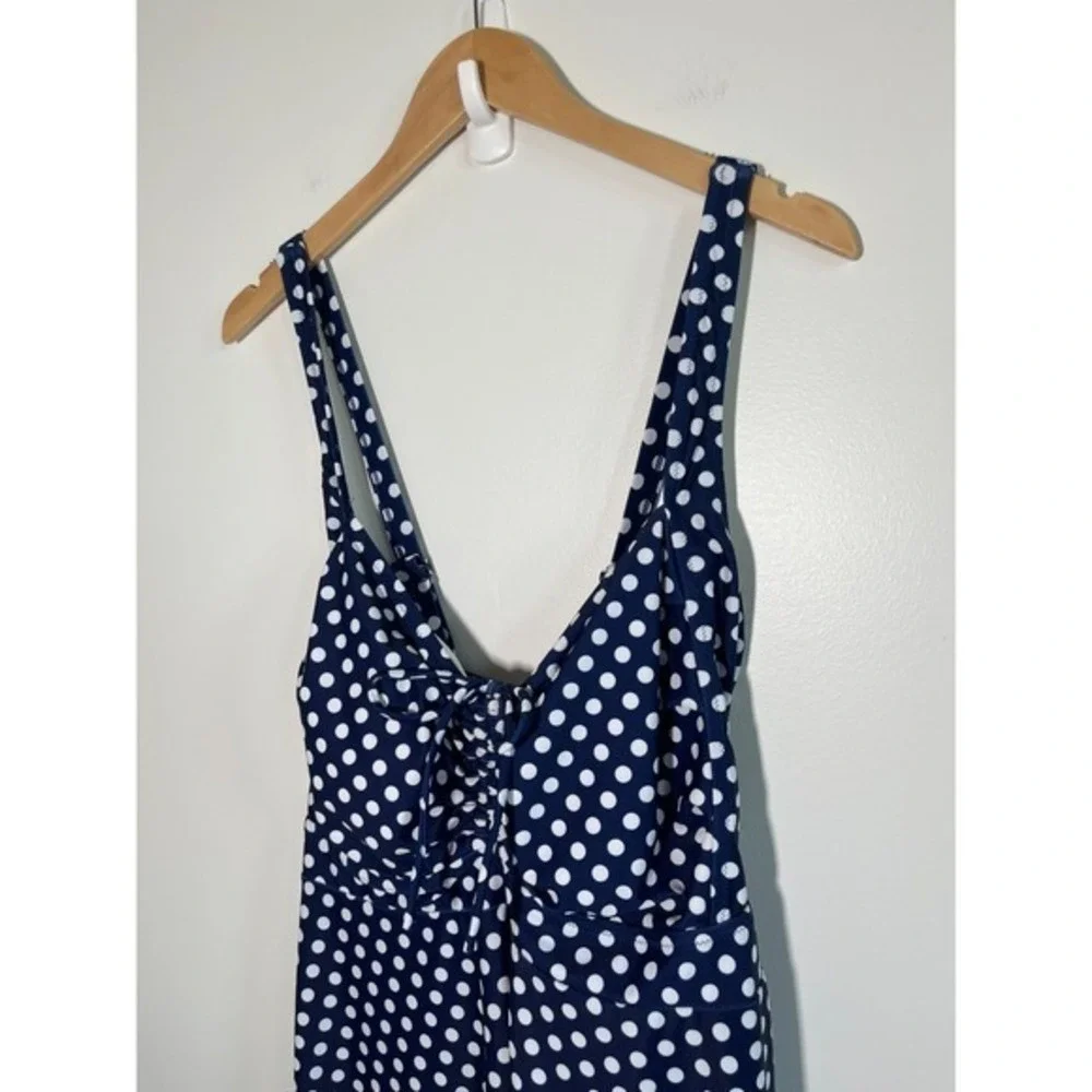 Womens 22W Navy Polka Dot Swim Suit Dress Sweetheart‎ Neckline Tie Front